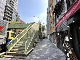 横断歩道を渡ったら直進し、歩道橋を通過する