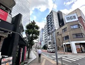 横断歩道の手前で左に曲がり、直進すれば当ビル着