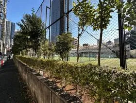 テニスコート沿い（アクアフィールド芝公園）を進み、左に曲がって直進すれば当ビル着