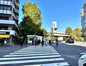 出入口近くの横断歩道を渡り、左に曲がれば当ビル着